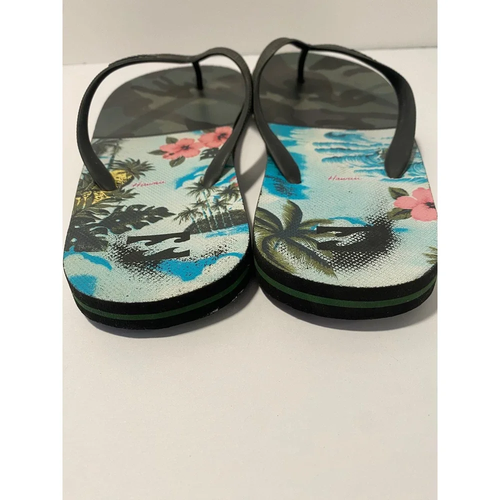 Billabong Mens Flip Flops Camo Tropical Floral Print Black Green Sandals APX:12*